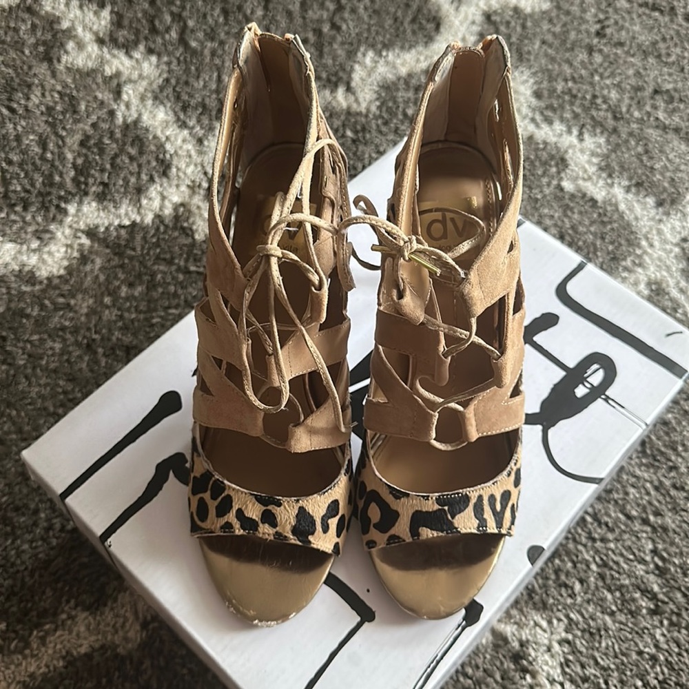 Wore a couple of times. Right heel has only a few scuffs on the front.